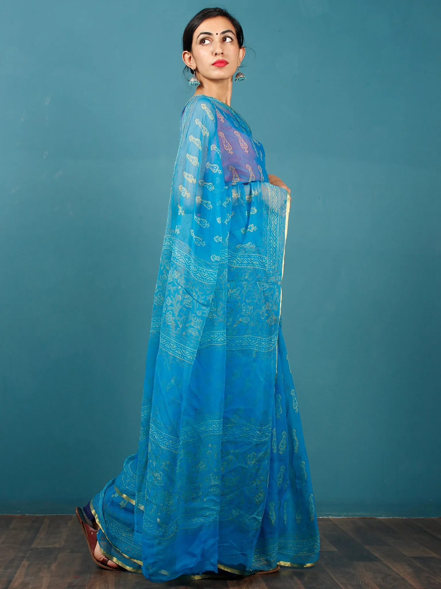 Blue Yellow Hand Block Printed Chiffon Saree with Zari Border - S031702813