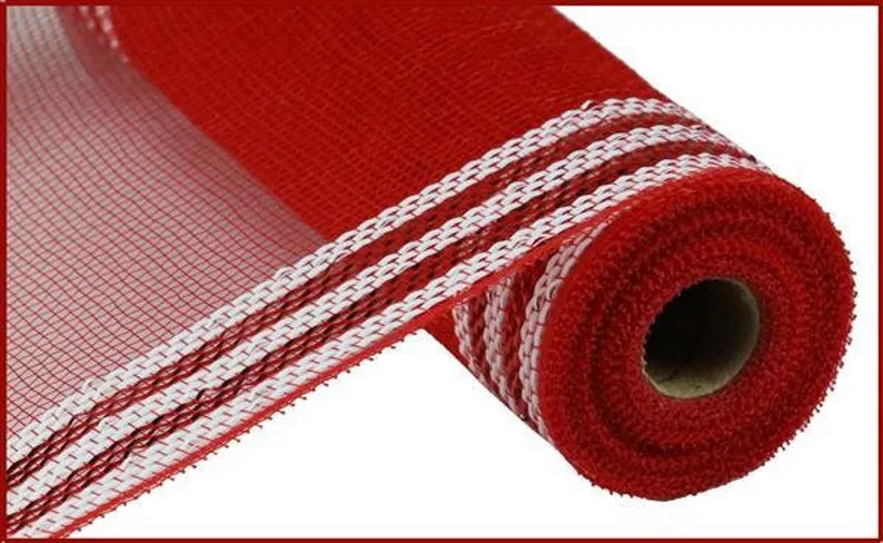 Border Stripe Metallic Mesh Red with White 10.5" x 10 YARD ROLL