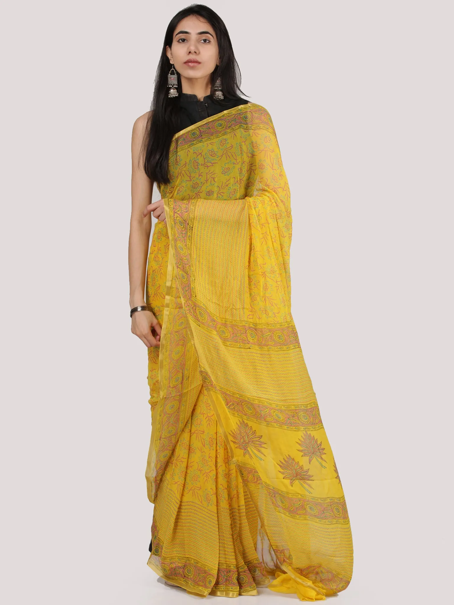 Bright Yellow Green Hand Block Printed Chiffon Saree With Zari Border - S031704708