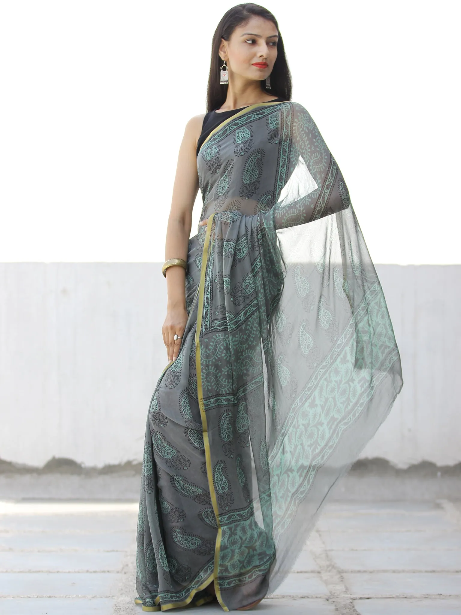 Charcoal Grey Green Hand Block Printed Chiffon Saree with Zari Border - S031703965