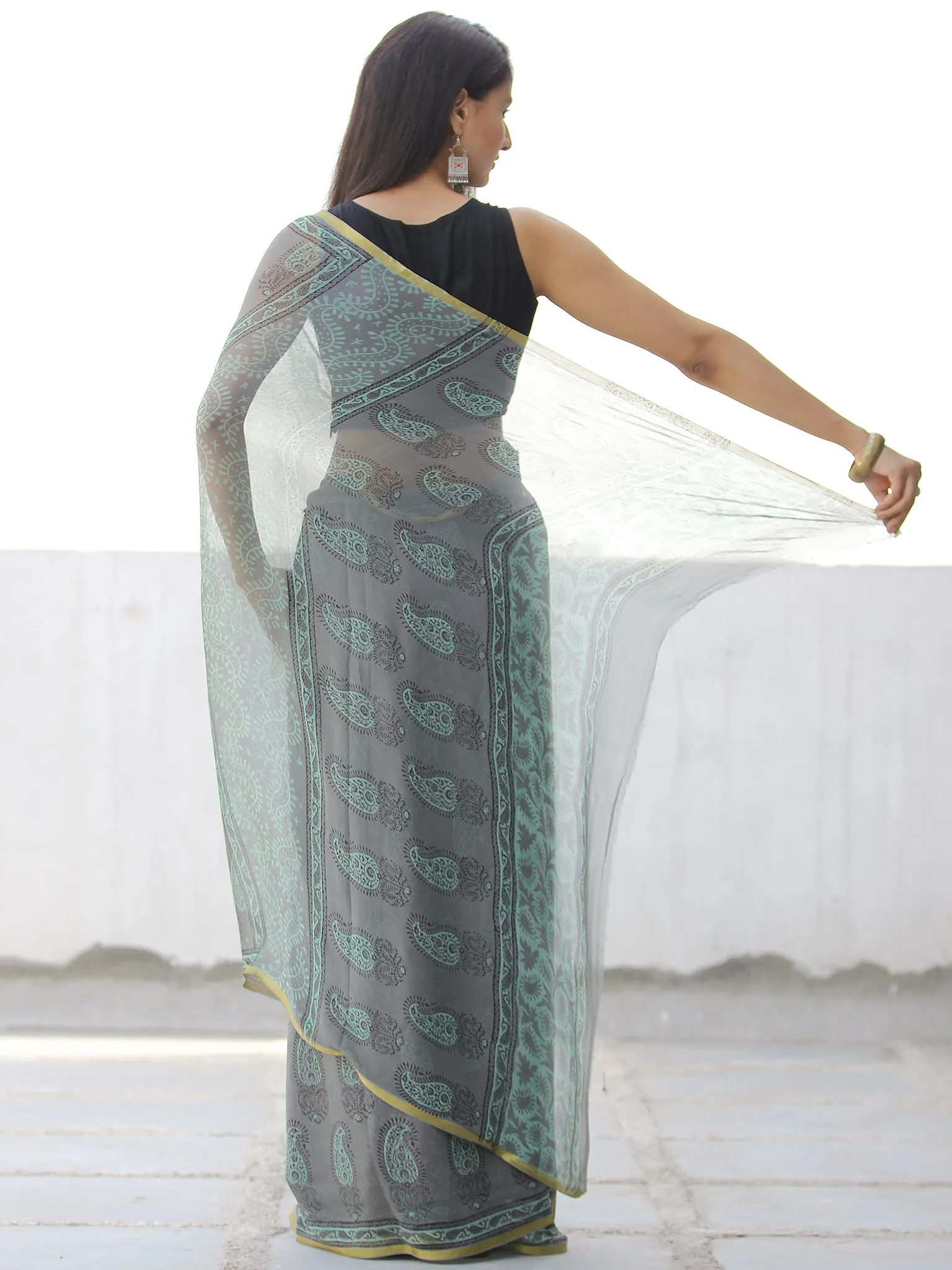 Charcoal Grey Green Hand Block Printed Chiffon Saree with Zari Border - S031703965