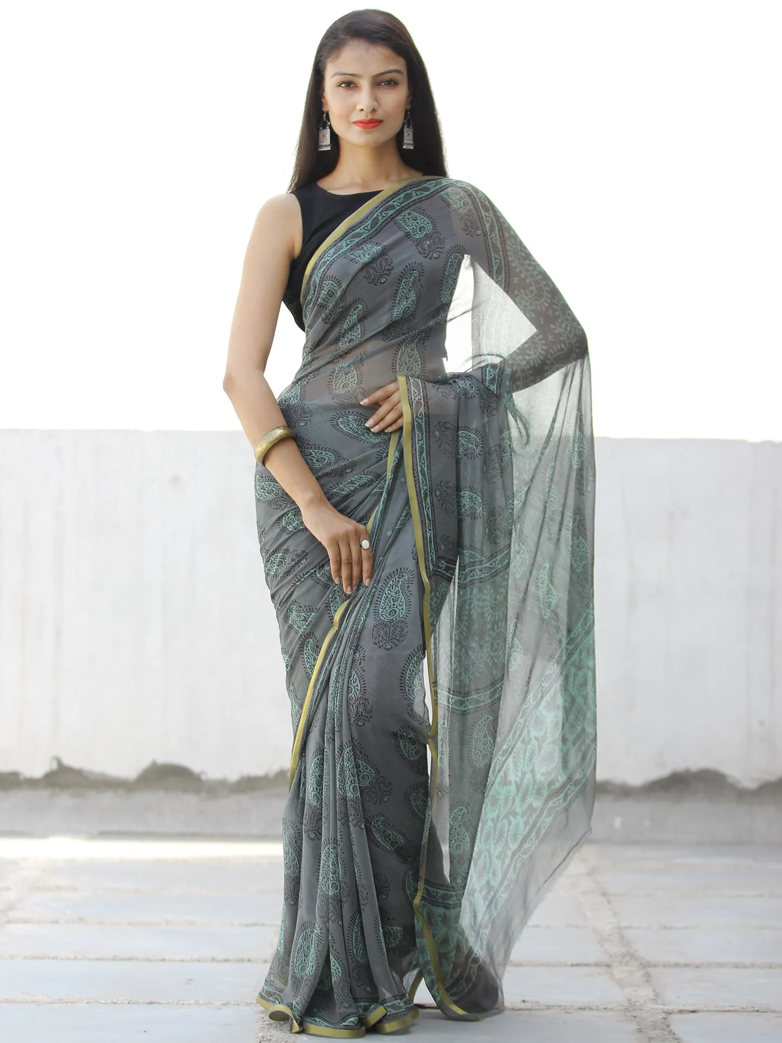 Charcoal Grey Green Hand Block Printed Chiffon Saree with Zari Border - S031703965