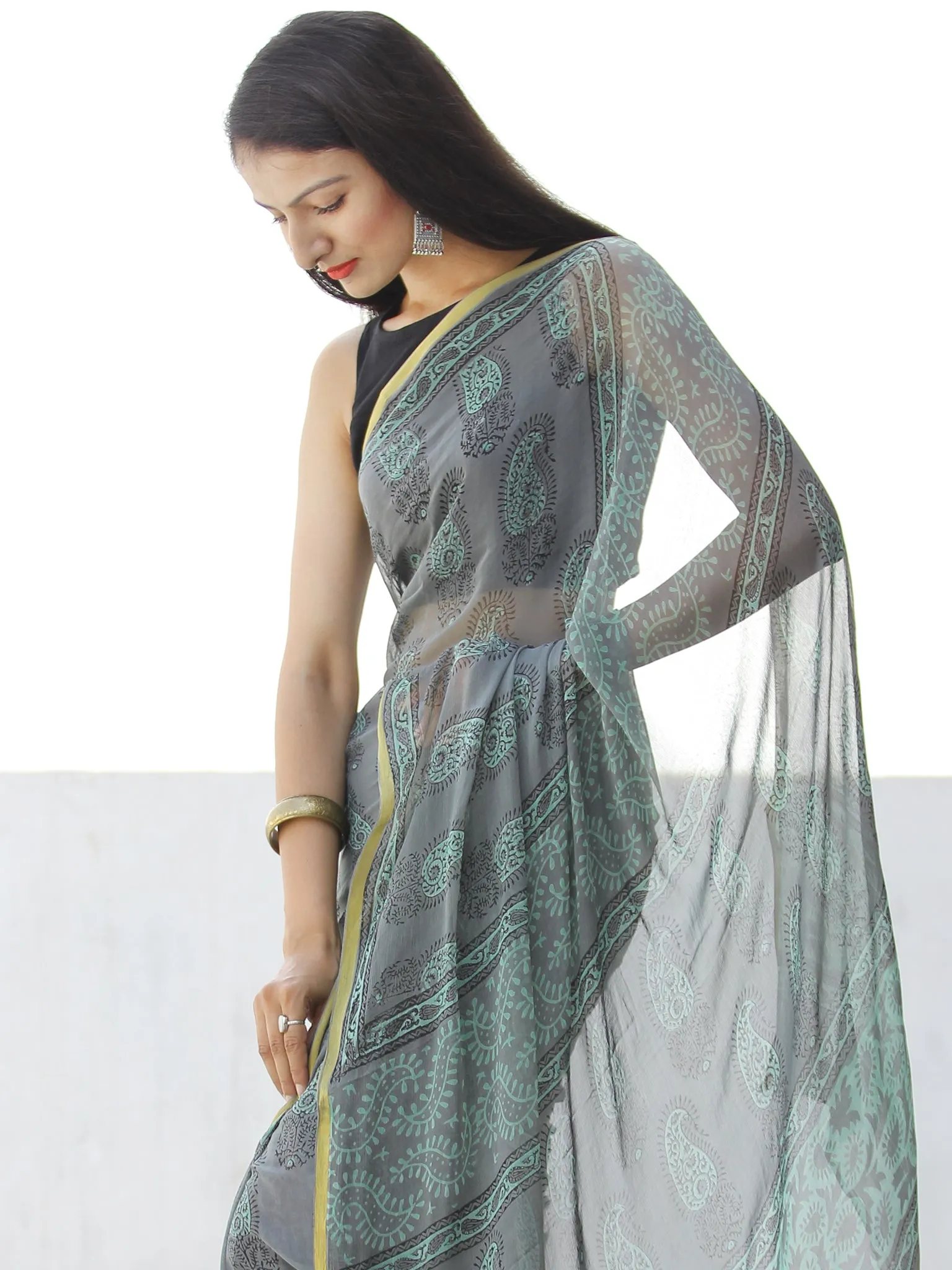 Charcoal Grey Green Hand Block Printed Chiffon Saree with Zari Border - S031703965