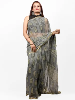 Charcoal Grey Yellow Hand Block Printed Chiffon Saree with Zari Border - S031703427