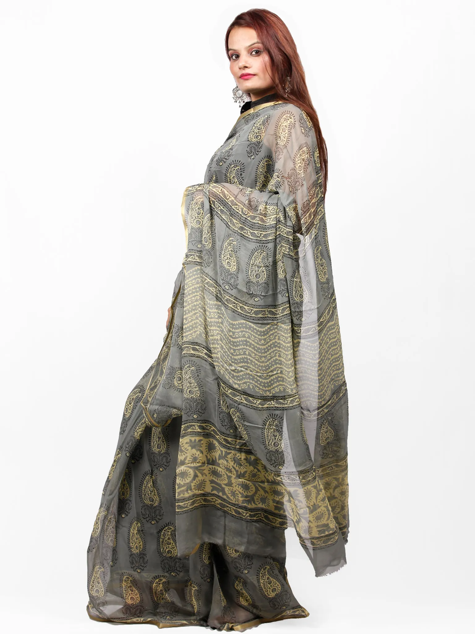 Charcoal Grey Yellow Hand Block Printed Chiffon Saree with Zari Border - S031703427