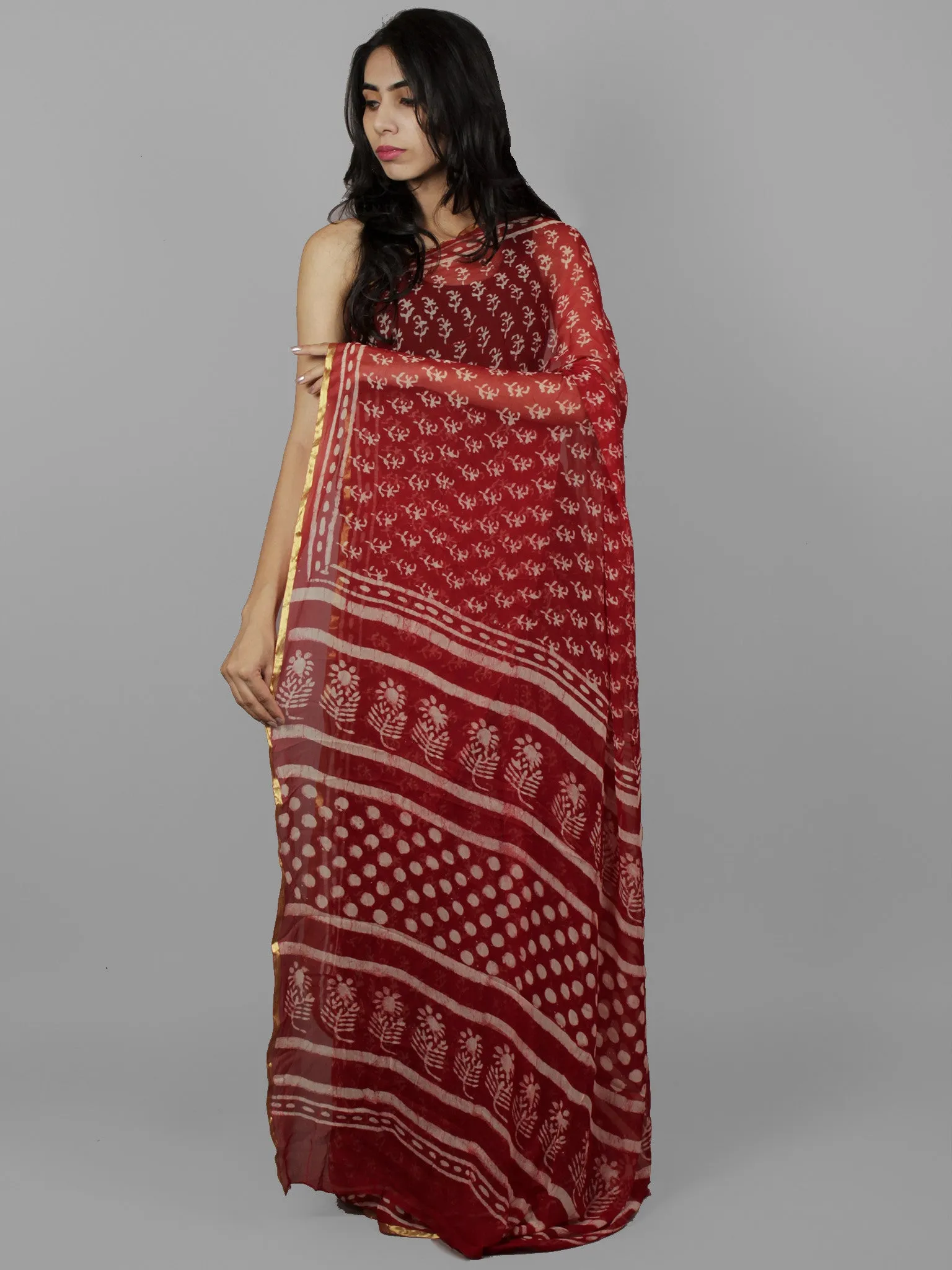 Cherry Red Ivory Hand Block Printed Chiffon Saree - S031702070