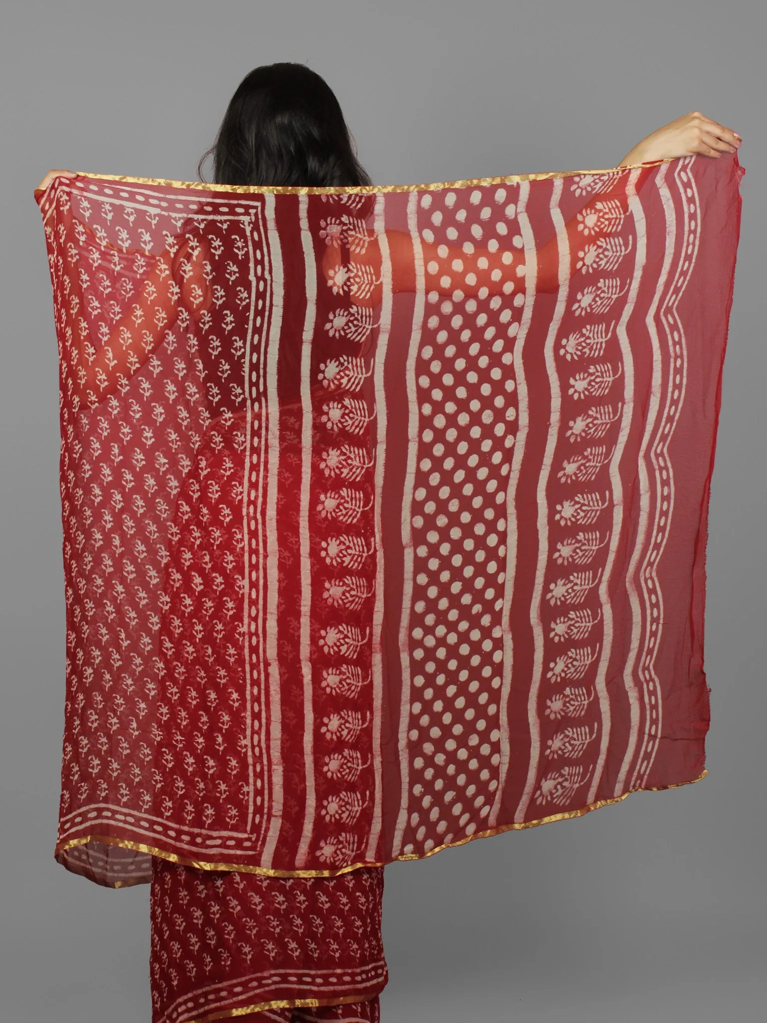 Cherry Red Ivory Hand Block Printed Chiffon Saree - S031702070