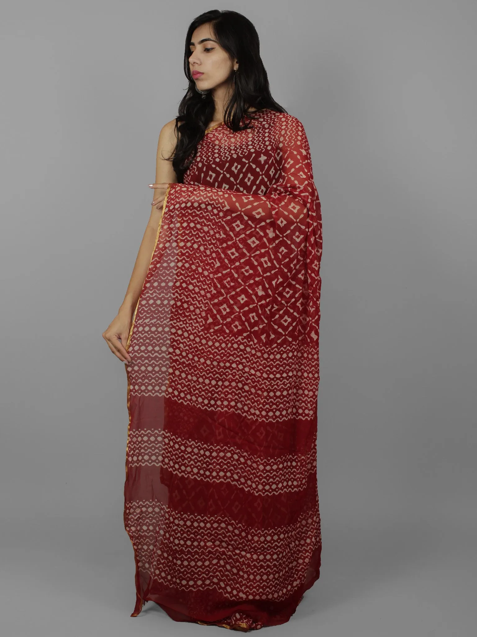 Cherry Red Ivory Hand Block Printed Chiffon Saree - S031702076