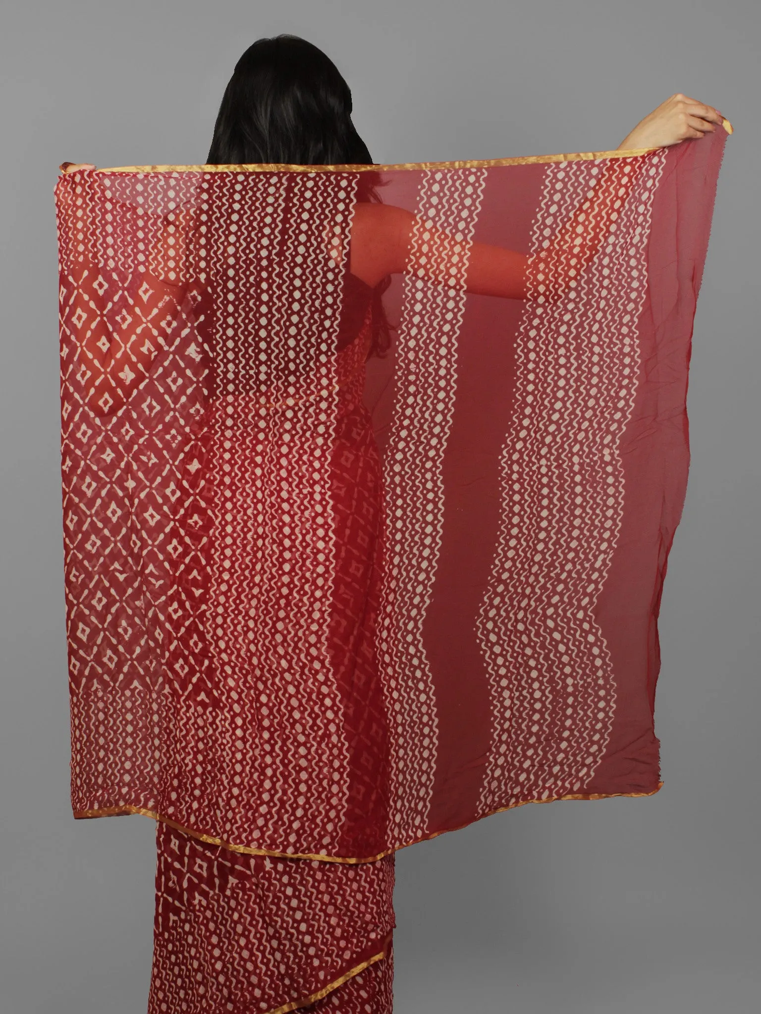 Cherry Red Ivory Hand Block Printed Chiffon Saree - S031702076