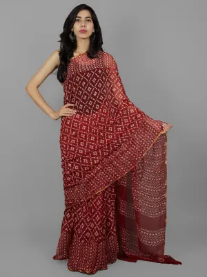 Cherry Red Ivory Hand Block Printed Chiffon Saree - S031702076