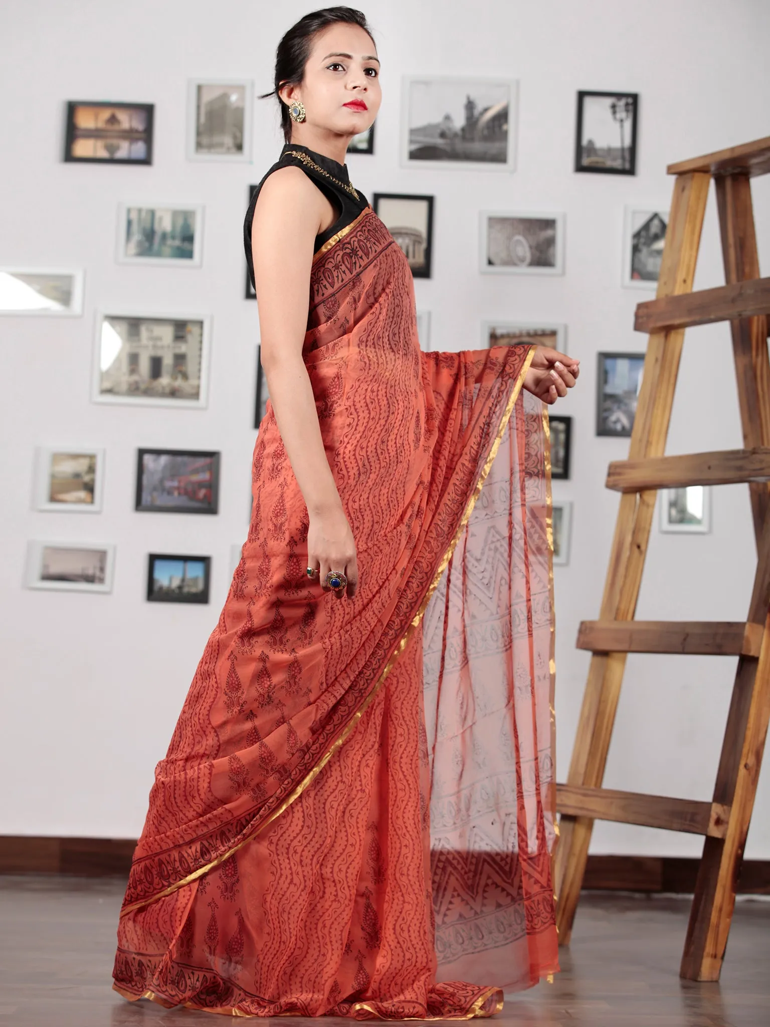 Coral Maroon Hand Block Printed Chiffon Saree with Zari Border - S031702752