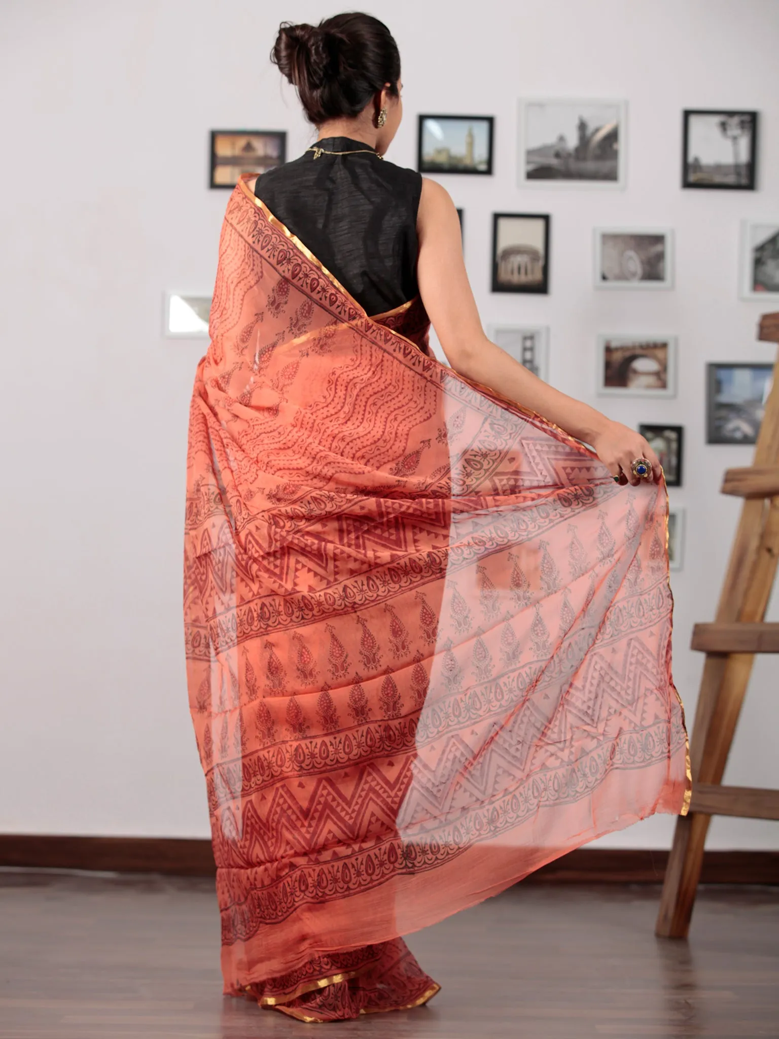 Coral Maroon Hand Block Printed Chiffon Saree with Zari Border - S031702752