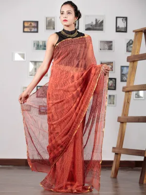 Coral Maroon Hand Block Printed Chiffon Saree with Zari Border - S031702752