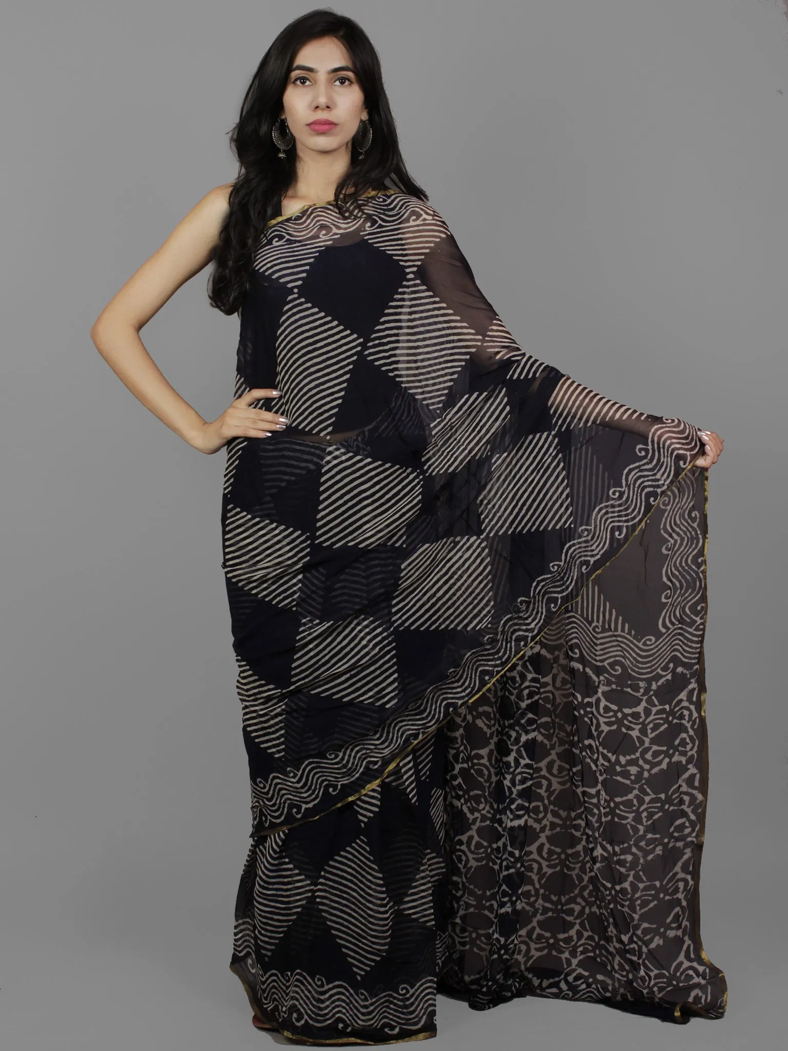 Deep Indigo Ivory Hand Block Printed Chiffon Saree - S031702100