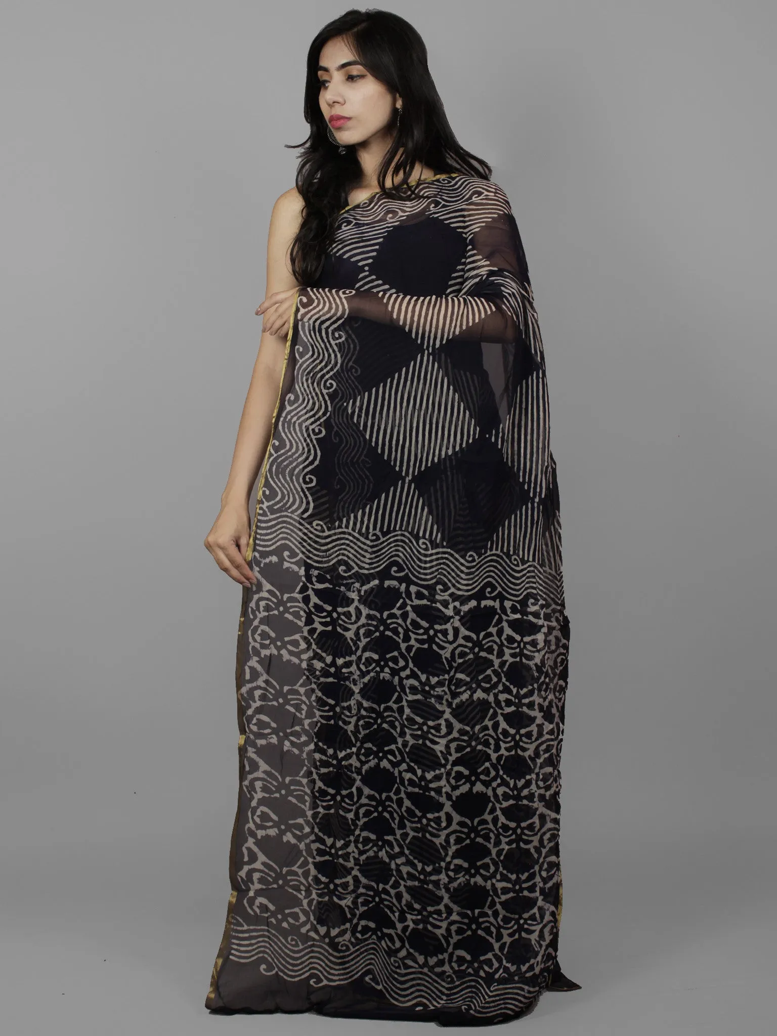 Deep Indigo Ivory Hand Block Printed Chiffon Saree - S031702100