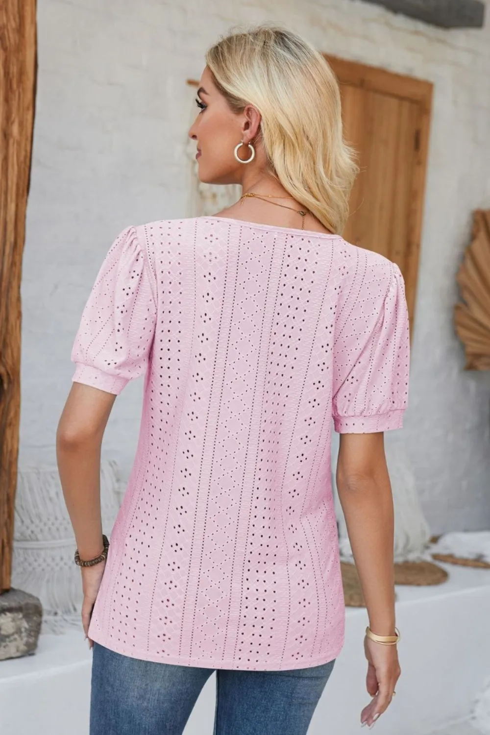 Eyelet Round Neck Short Sleeve Blouse