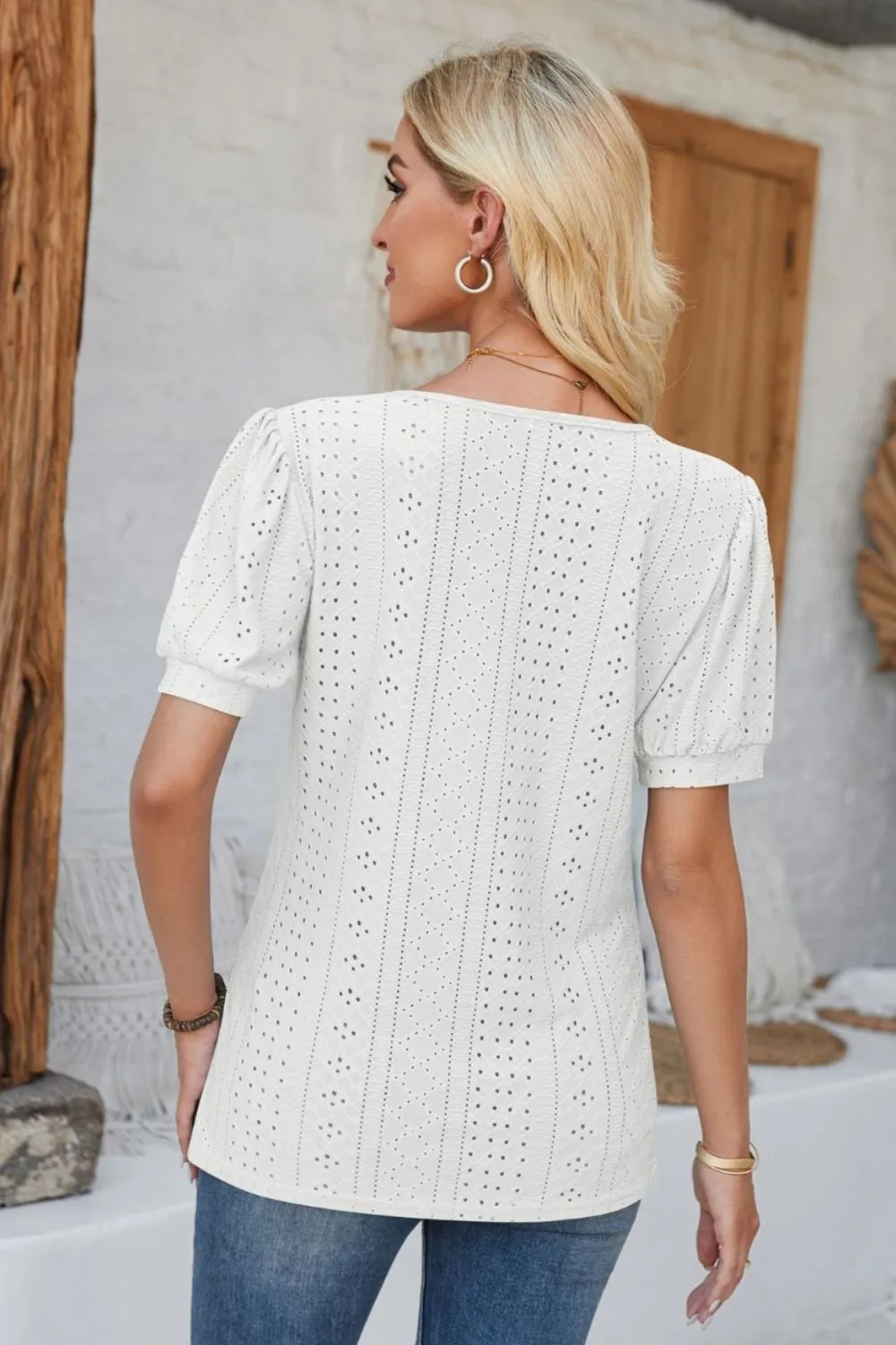 Eyelet Round Neck Short Sleeve Blouse