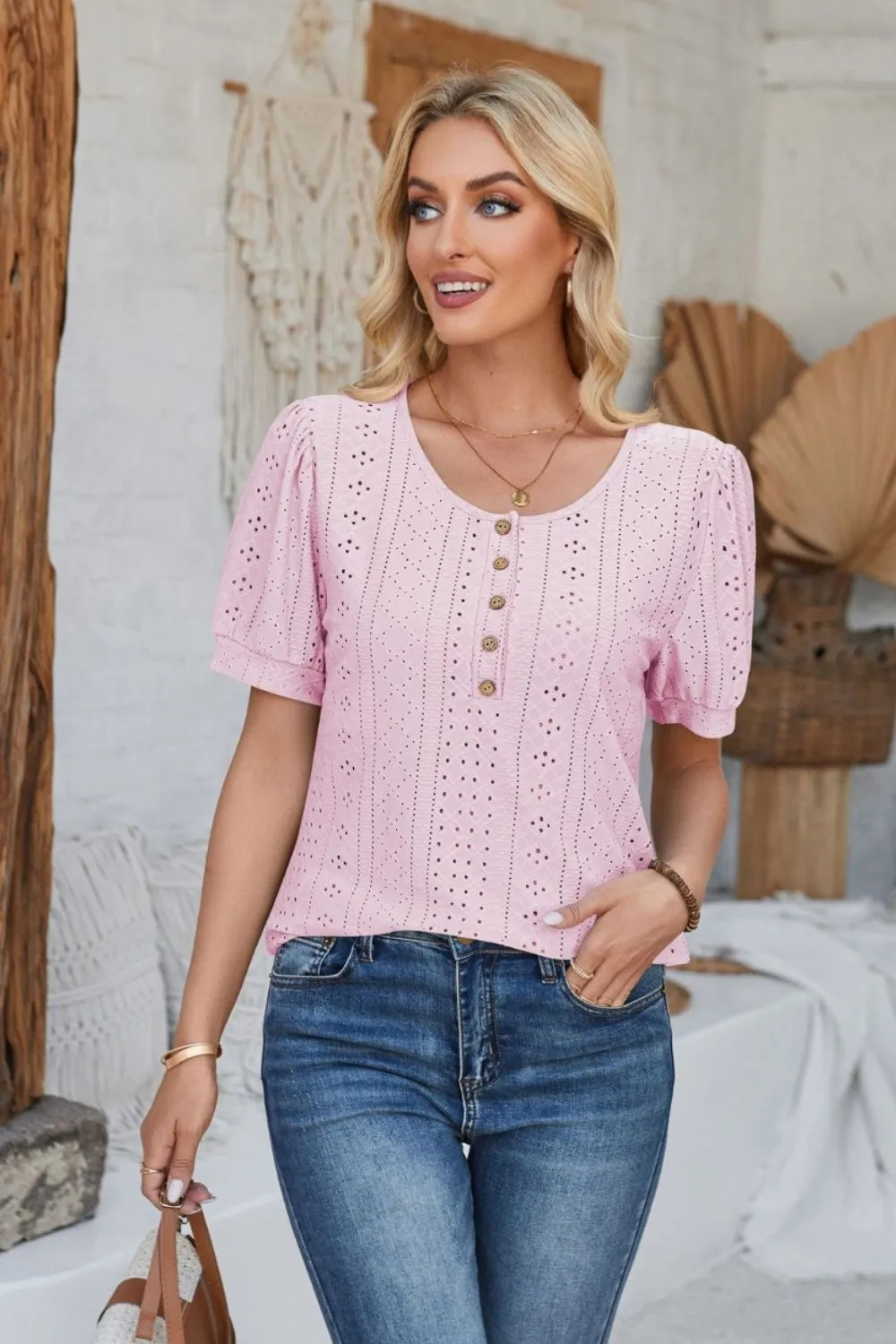 Eyelet Round Neck Short Sleeve Blouse