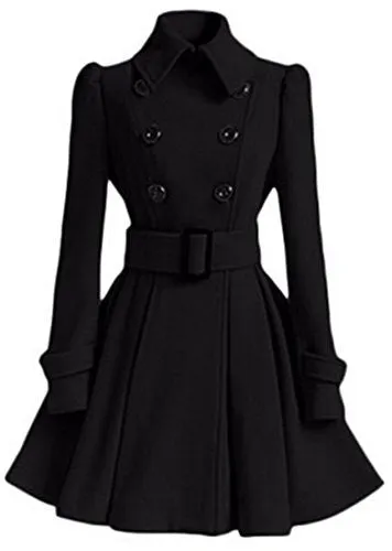 Generic Womens Stylish Double-Breasted Belted Long Peacoats Black S