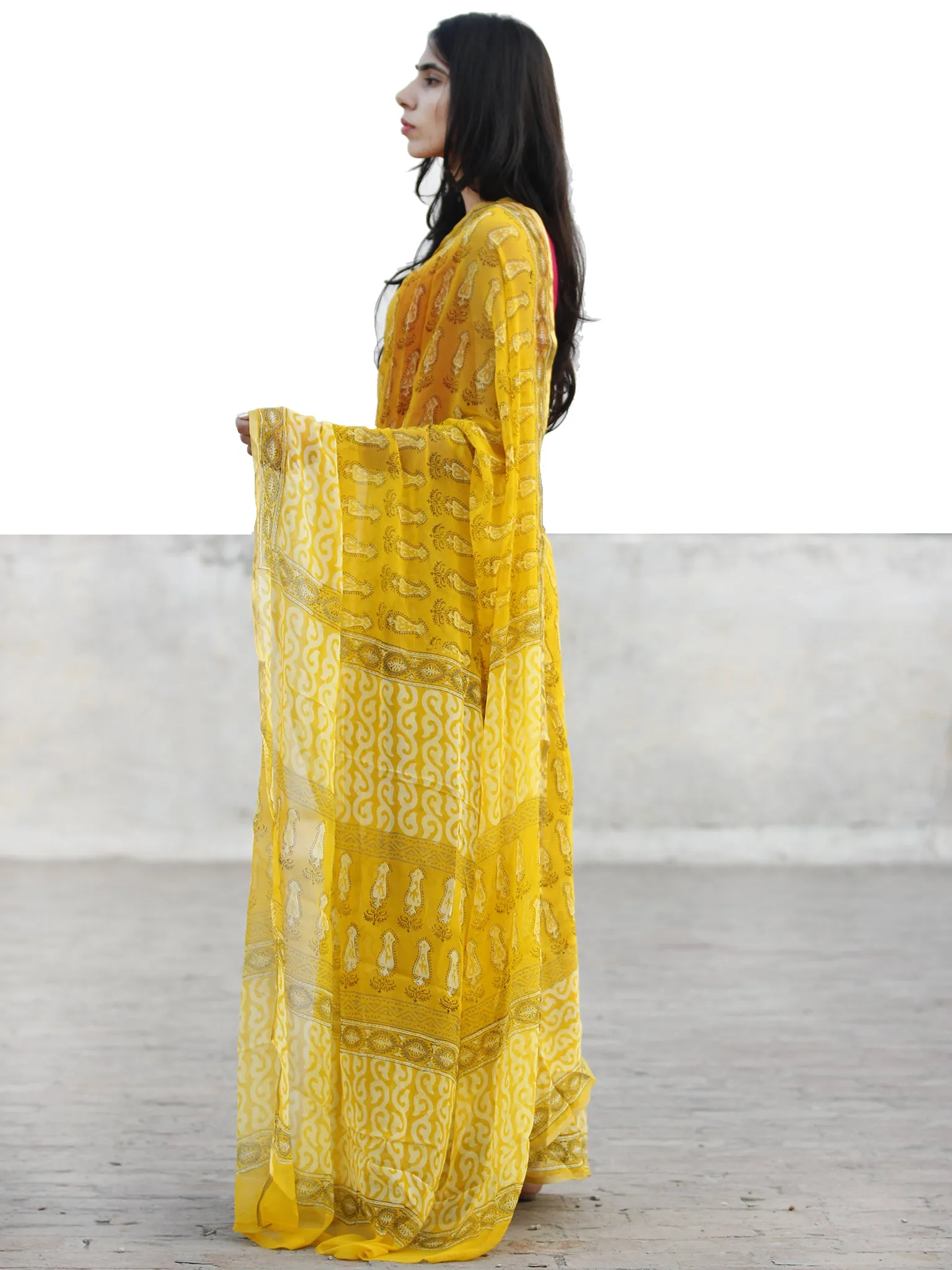 Golden Yellow Hand Block Printed Chiffon Saree with Zari border- S031702728