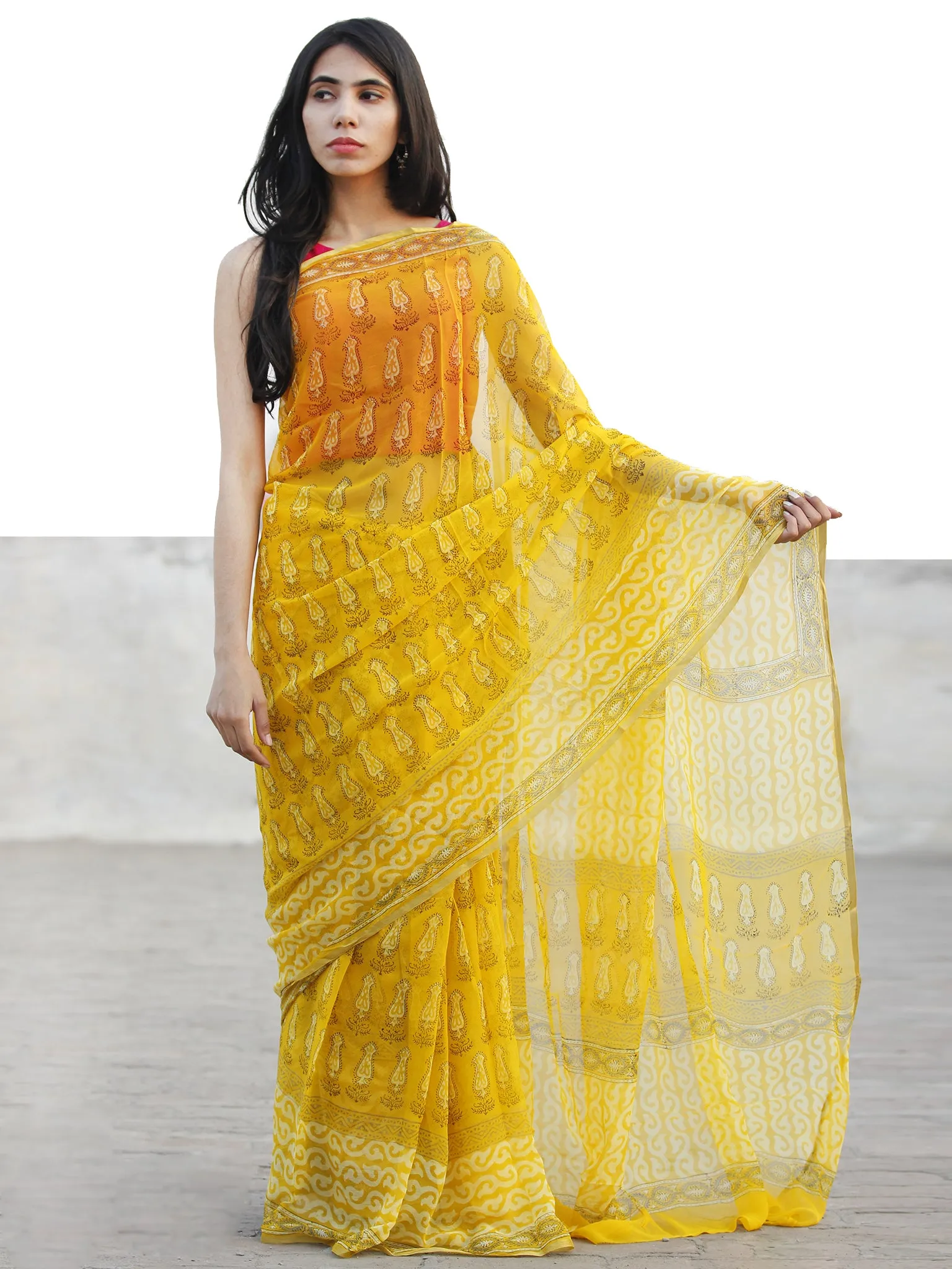 Golden Yellow Hand Block Printed Chiffon Saree with Zari border- S031702728