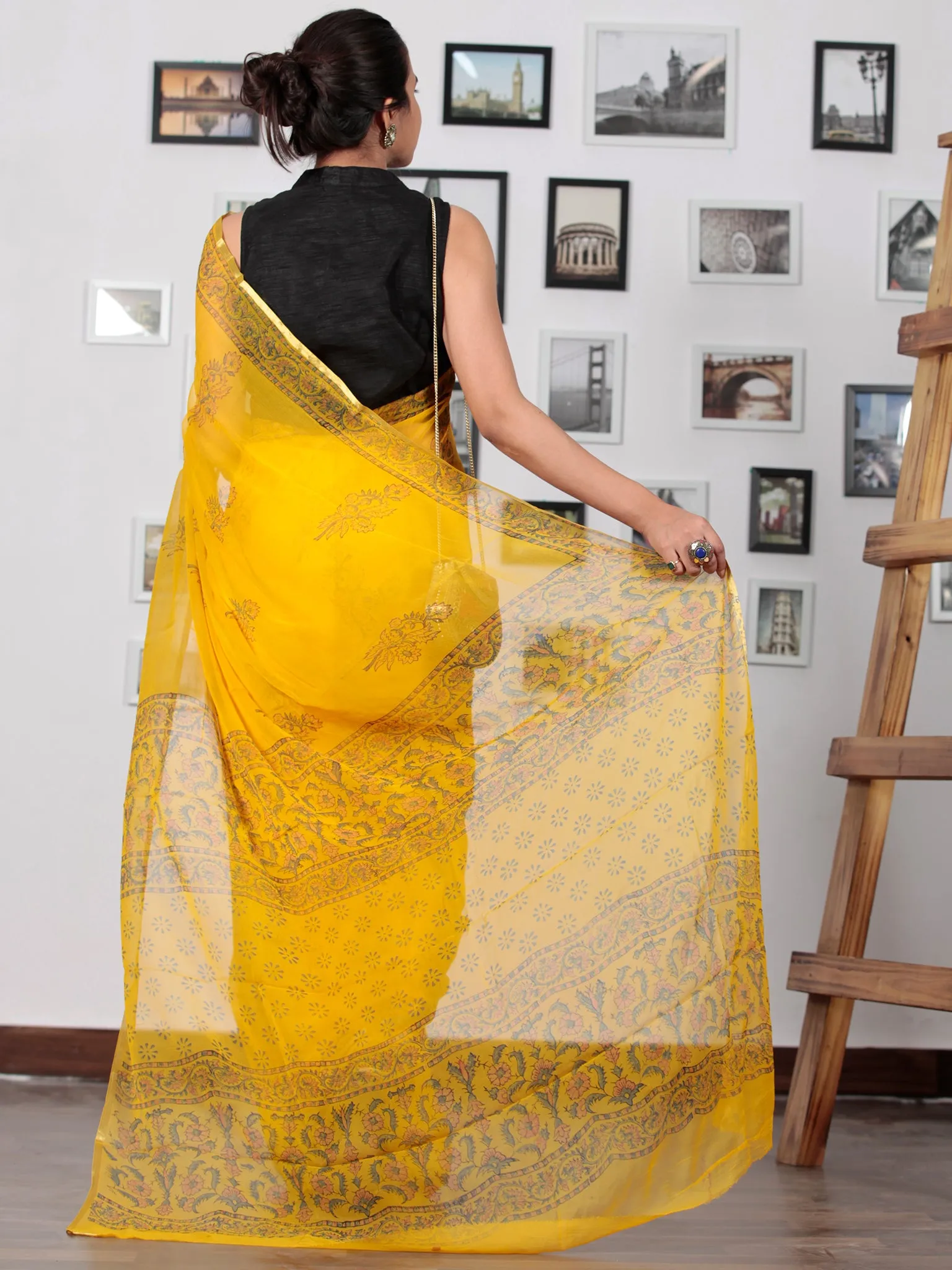 Golden Yellow Orange Green Hand Block Printed Chiffon Saree with Zari Border - S031702751