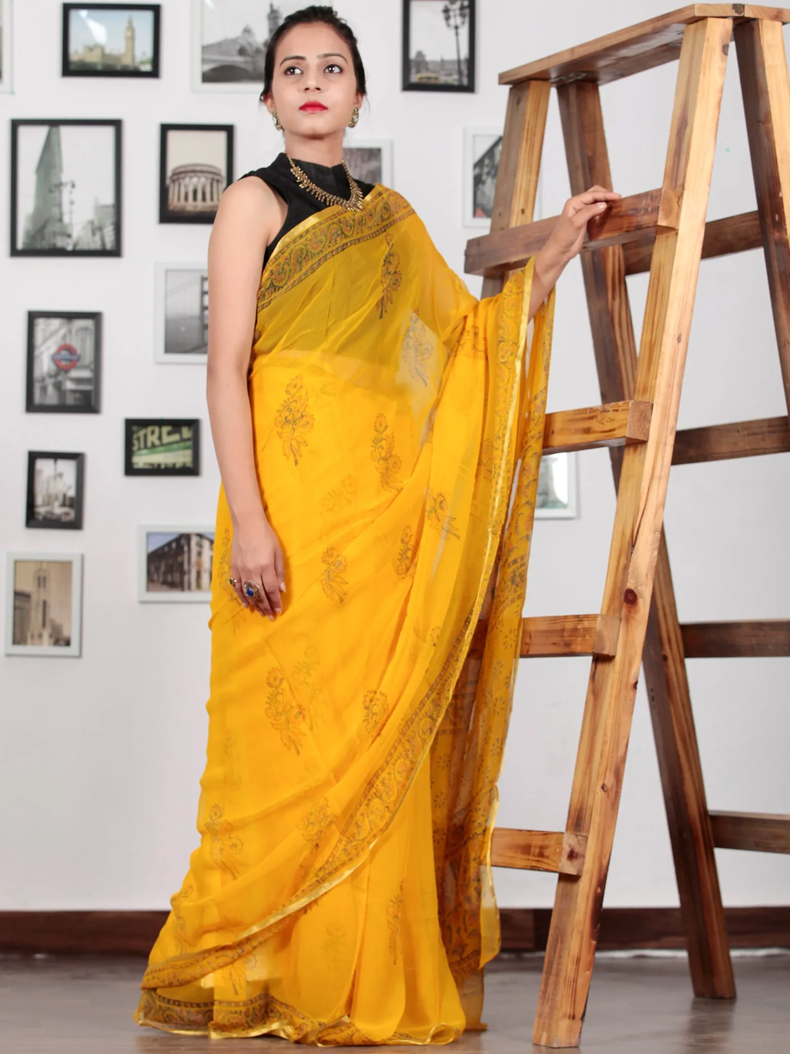 Golden Yellow Orange Green Hand Block Printed Chiffon Saree with Zari Border - S031702751