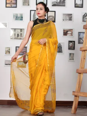 Golden Yellow Orange Green Hand Block Printed Chiffon Saree with Zari Border - S031702751