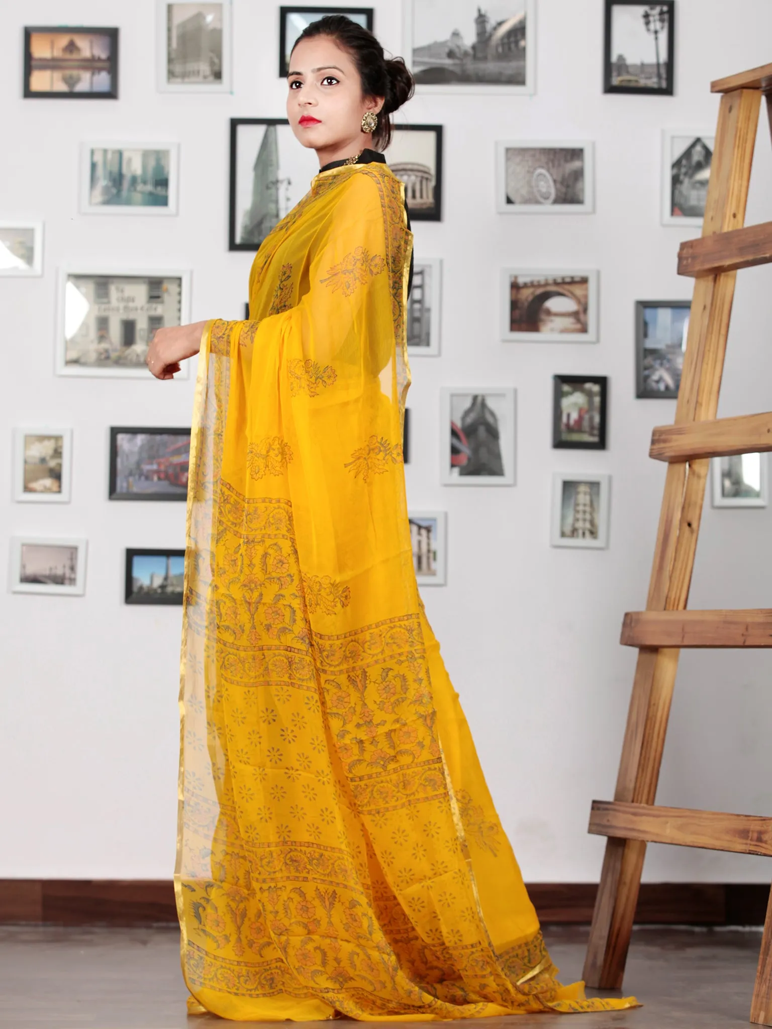 Golden Yellow Orange Green Hand Block Printed Chiffon Saree with Zari Border - S031702751