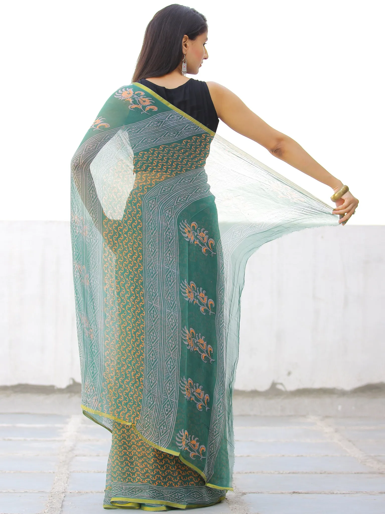 Green Orange Hand Block Printed Chiffon Saree with Zari Border - S031703969