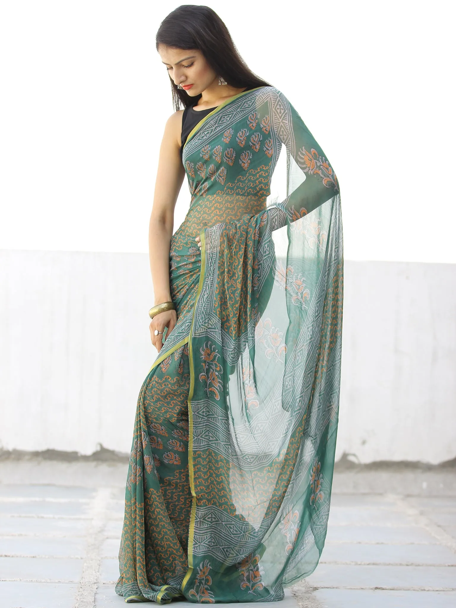 Green Orange Hand Block Printed Chiffon Saree with Zari Border - S031703969