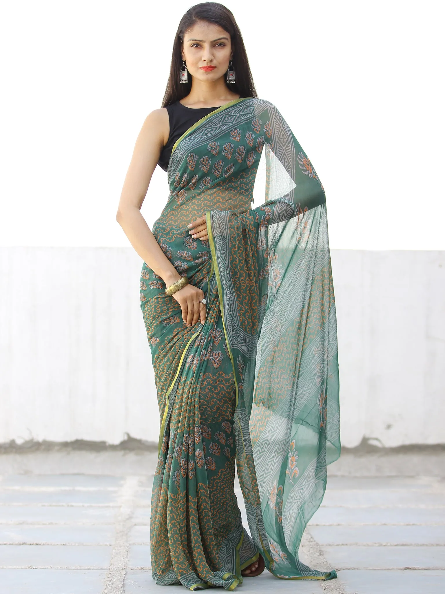 Green Orange Hand Block Printed Chiffon Saree with Zari Border - S031703969