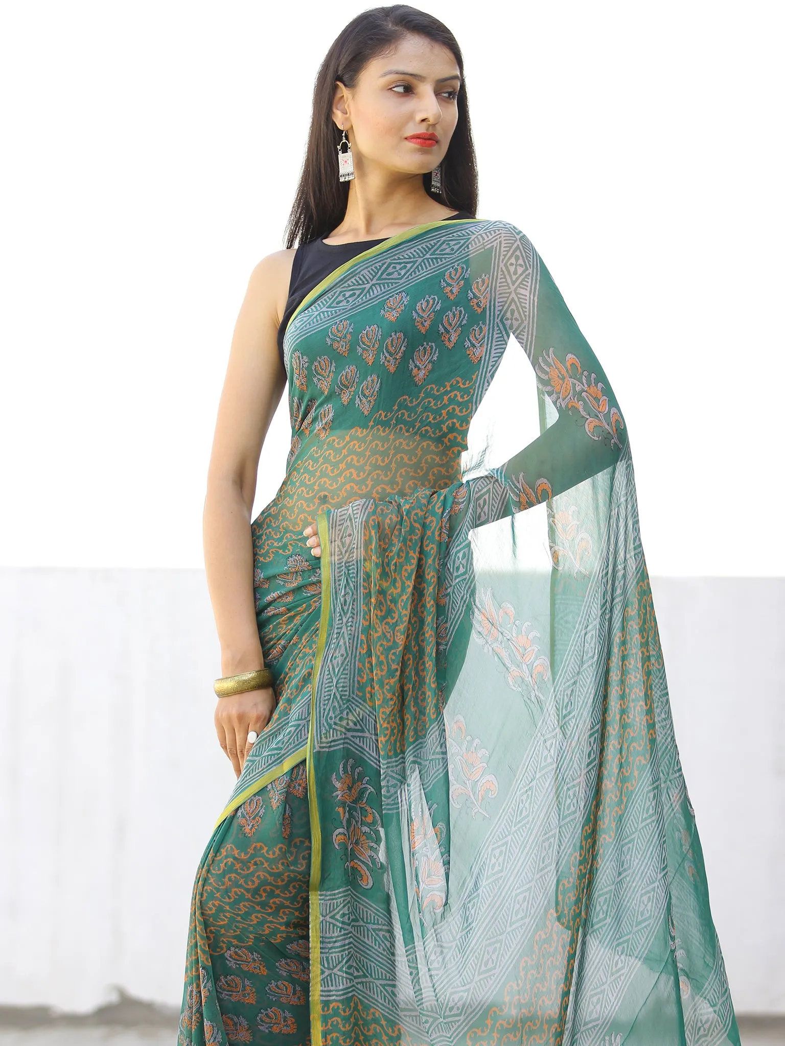 Green Orange Hand Block Printed Chiffon Saree with Zari Border - S031703969