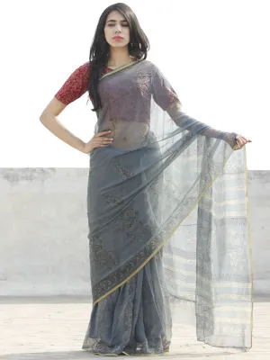 Grey Golden Hand Block Printed Chiffon Saree with Zari border- S031702676