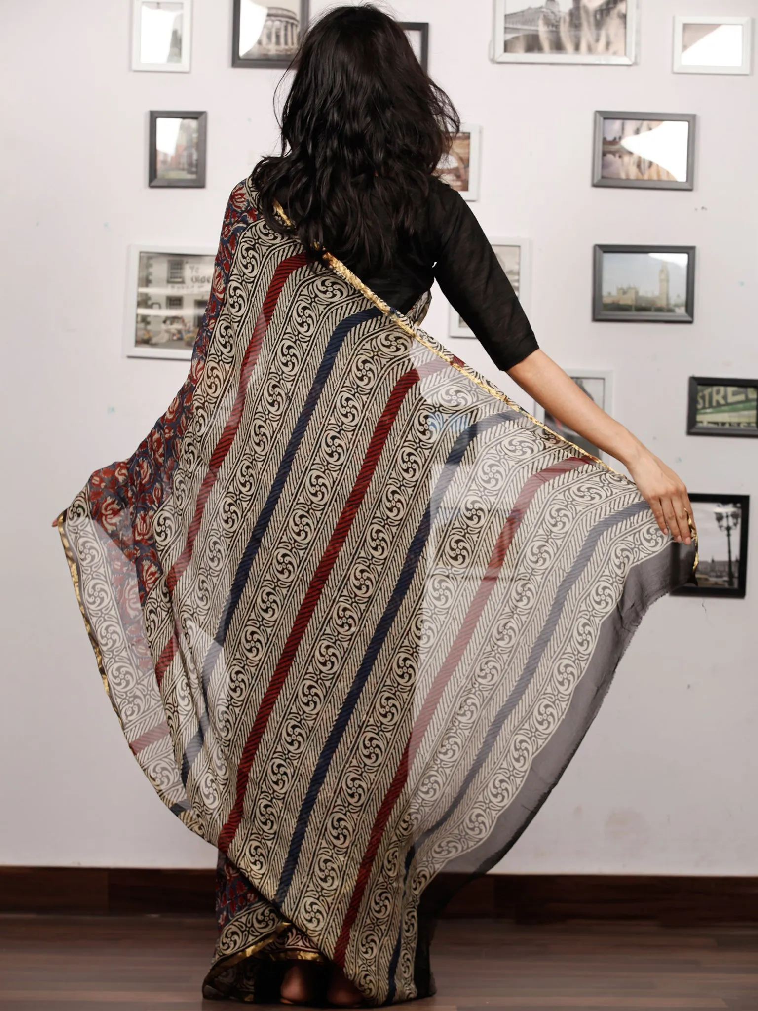 Grey Maroon Beige Hand Block Printed Chiffon Saree with Zari Border - S031703501