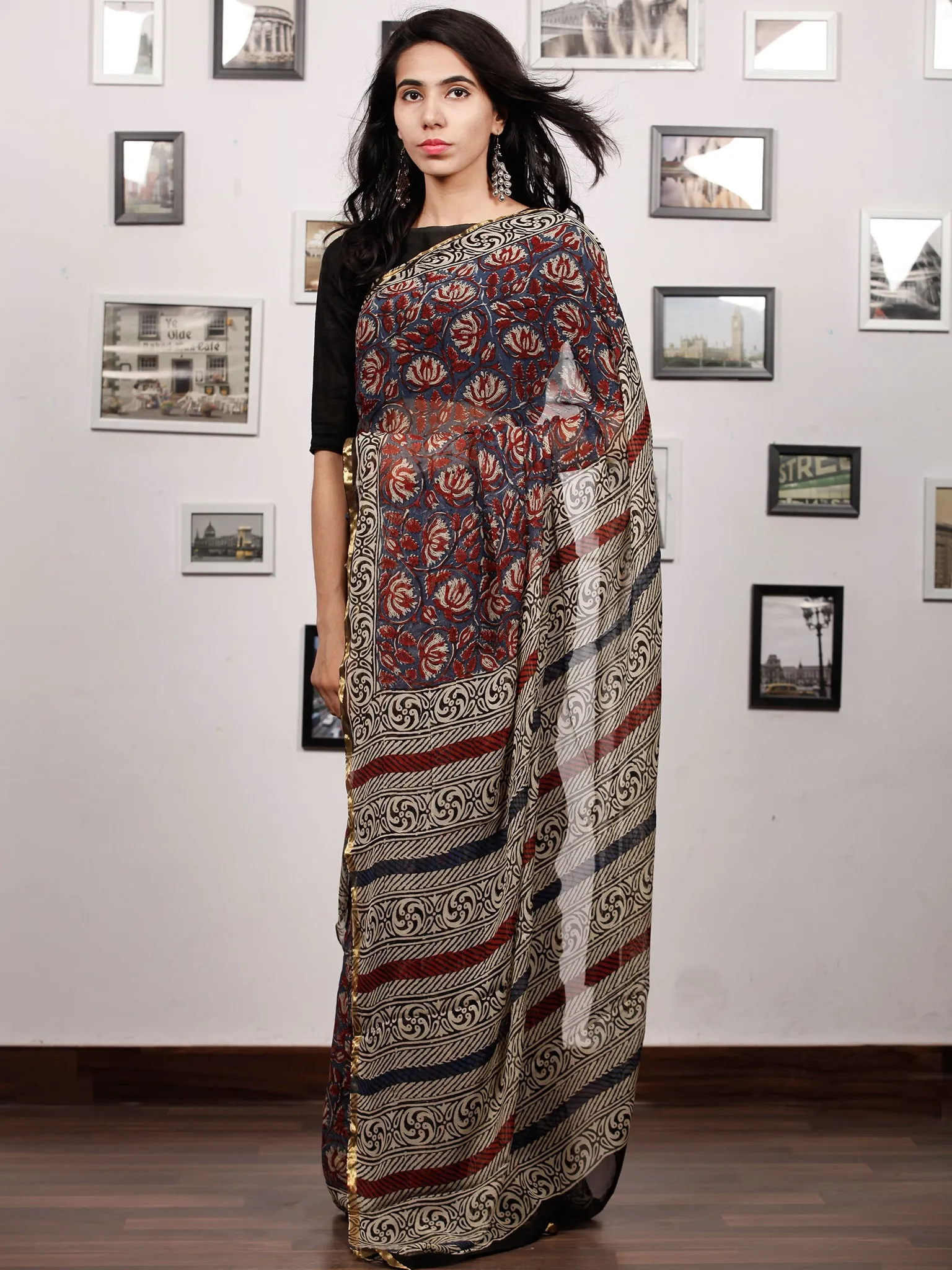 Grey Maroon Beige Hand Block Printed Chiffon Saree with Zari Border - S031703501