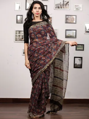 Grey Maroon Beige Hand Block Printed Chiffon Saree with Zari Border - S031703501