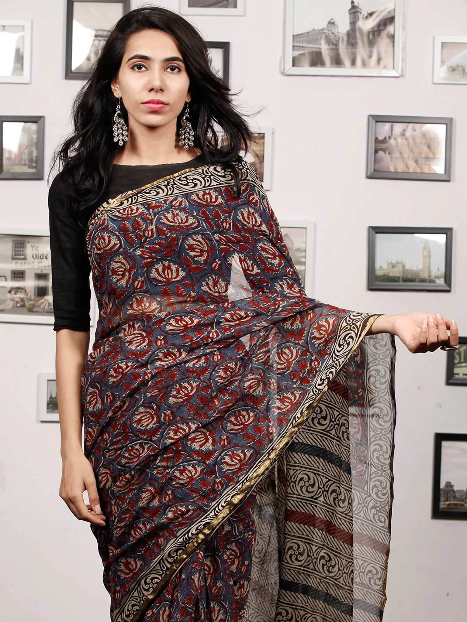 Grey Maroon Beige Hand Block Printed Chiffon Saree with Zari Border - S031703501