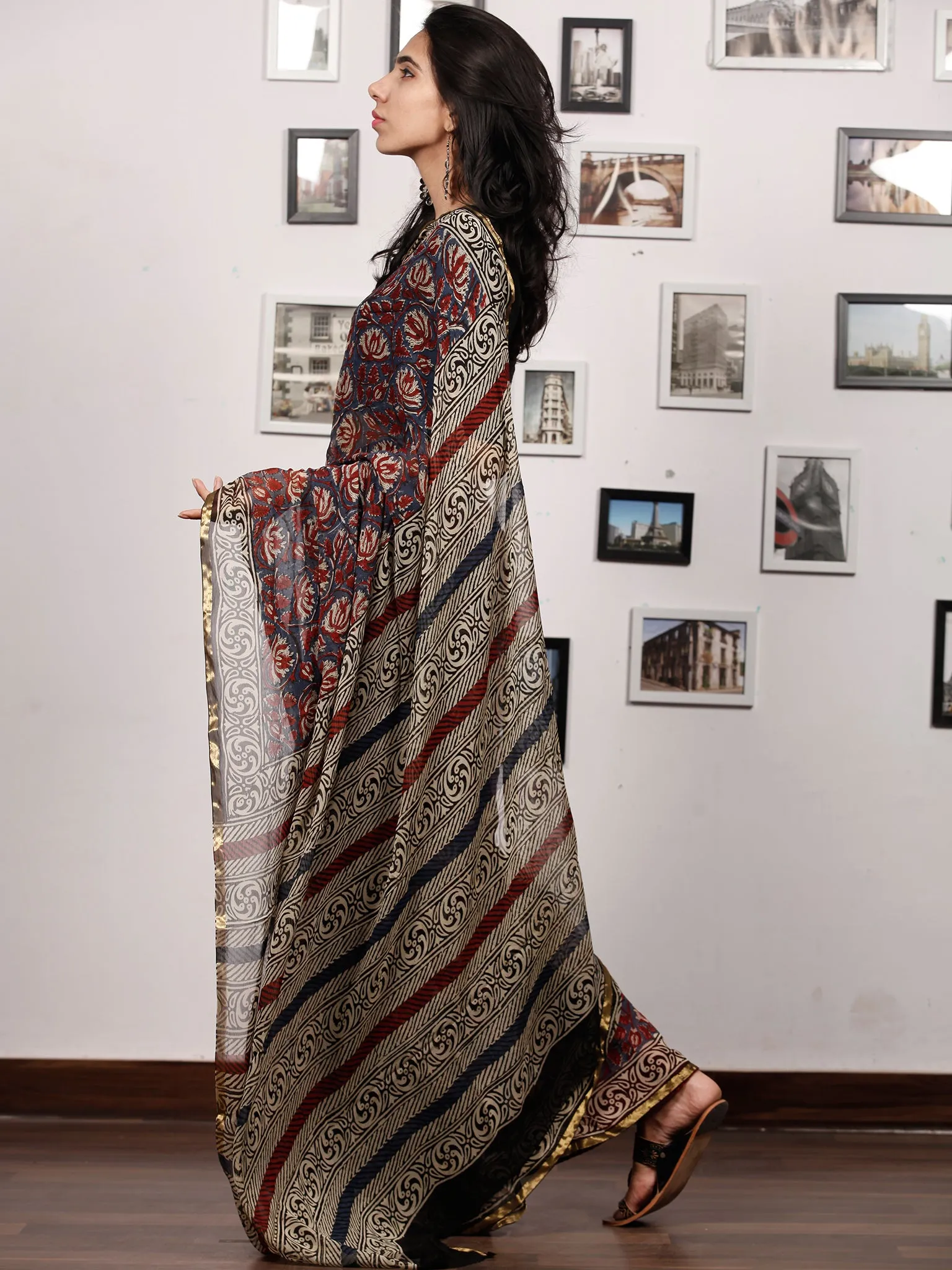 Grey Maroon Beige Hand Block Printed Chiffon Saree with Zari Border - S031703501