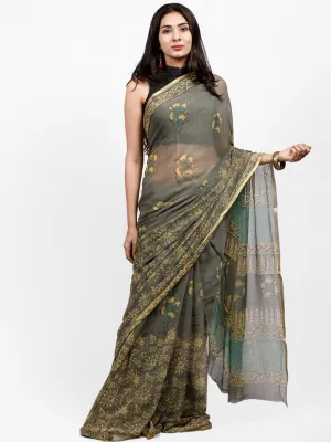 Grey Yellow Green Hand Block Printed Chiffon Saree with Zari Border - S031703250