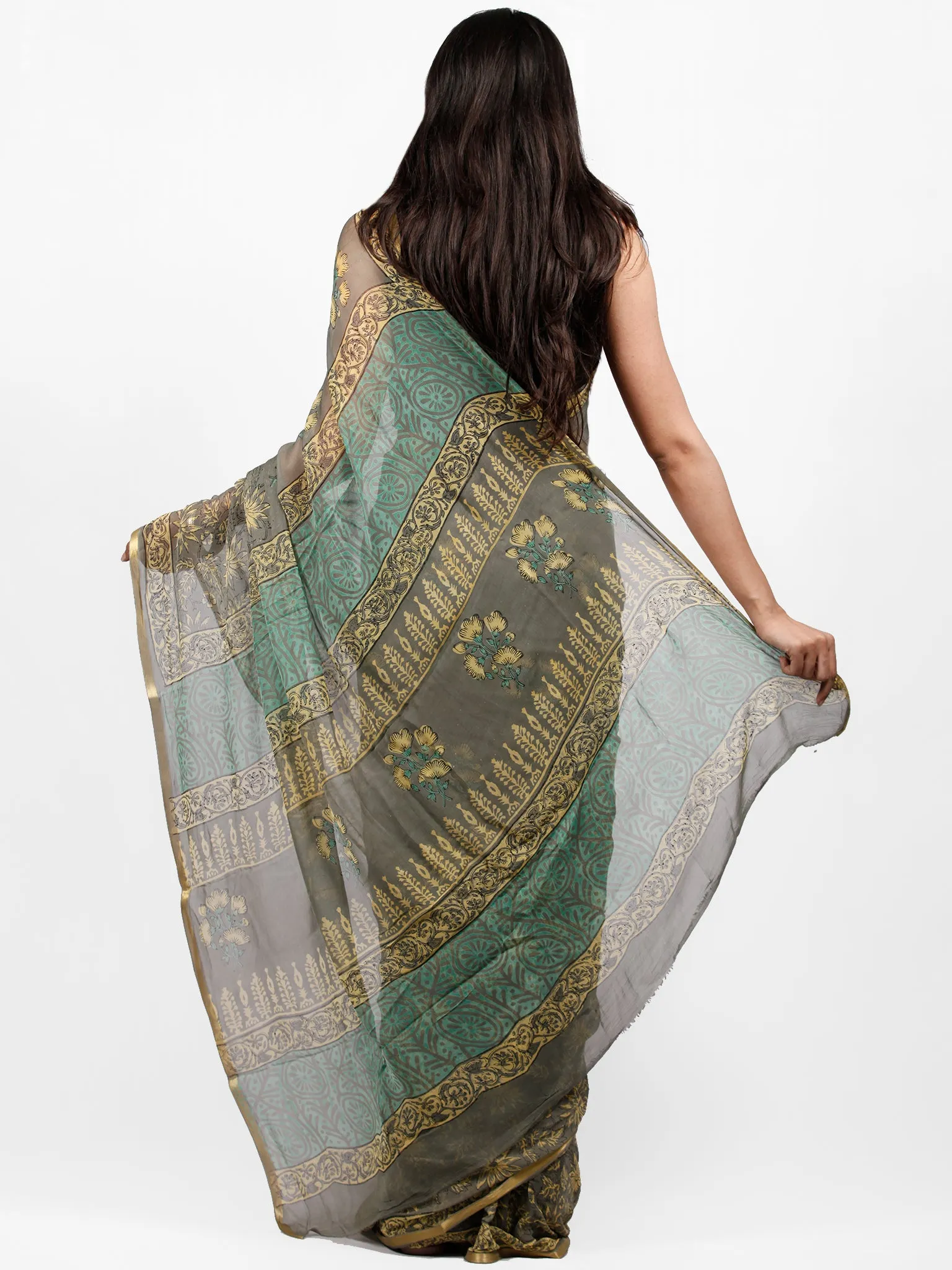 Grey Yellow Green Hand Block Printed Chiffon Saree with Zari Border - S031703250