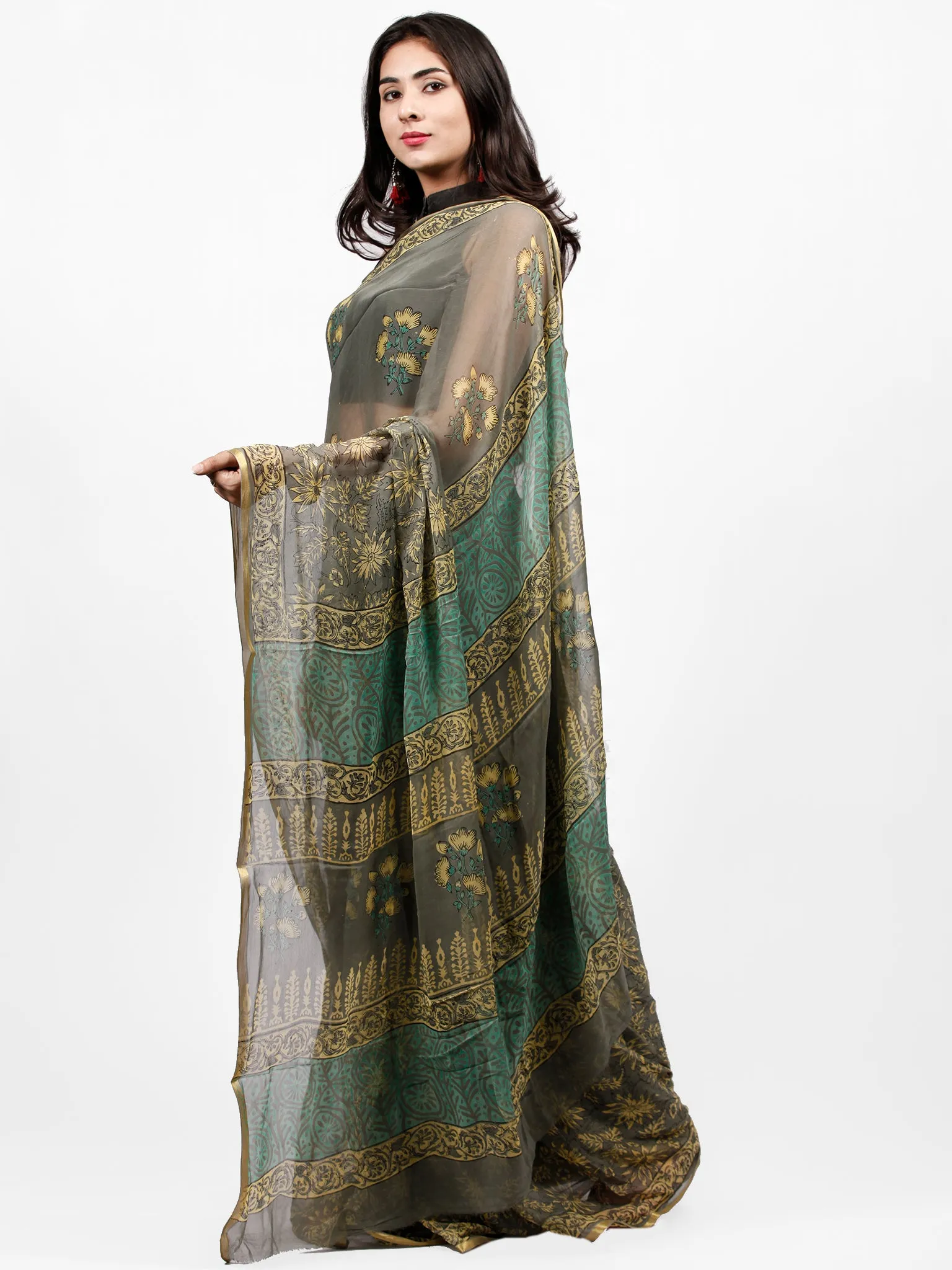 Grey Yellow Green Hand Block Printed Chiffon Saree with Zari Border - S031703250