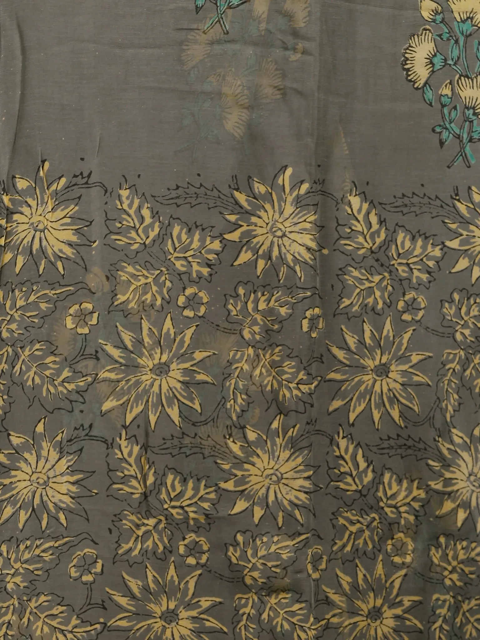 Grey Yellow Green Hand Block Printed Chiffon Saree with Zari Border - S031703250