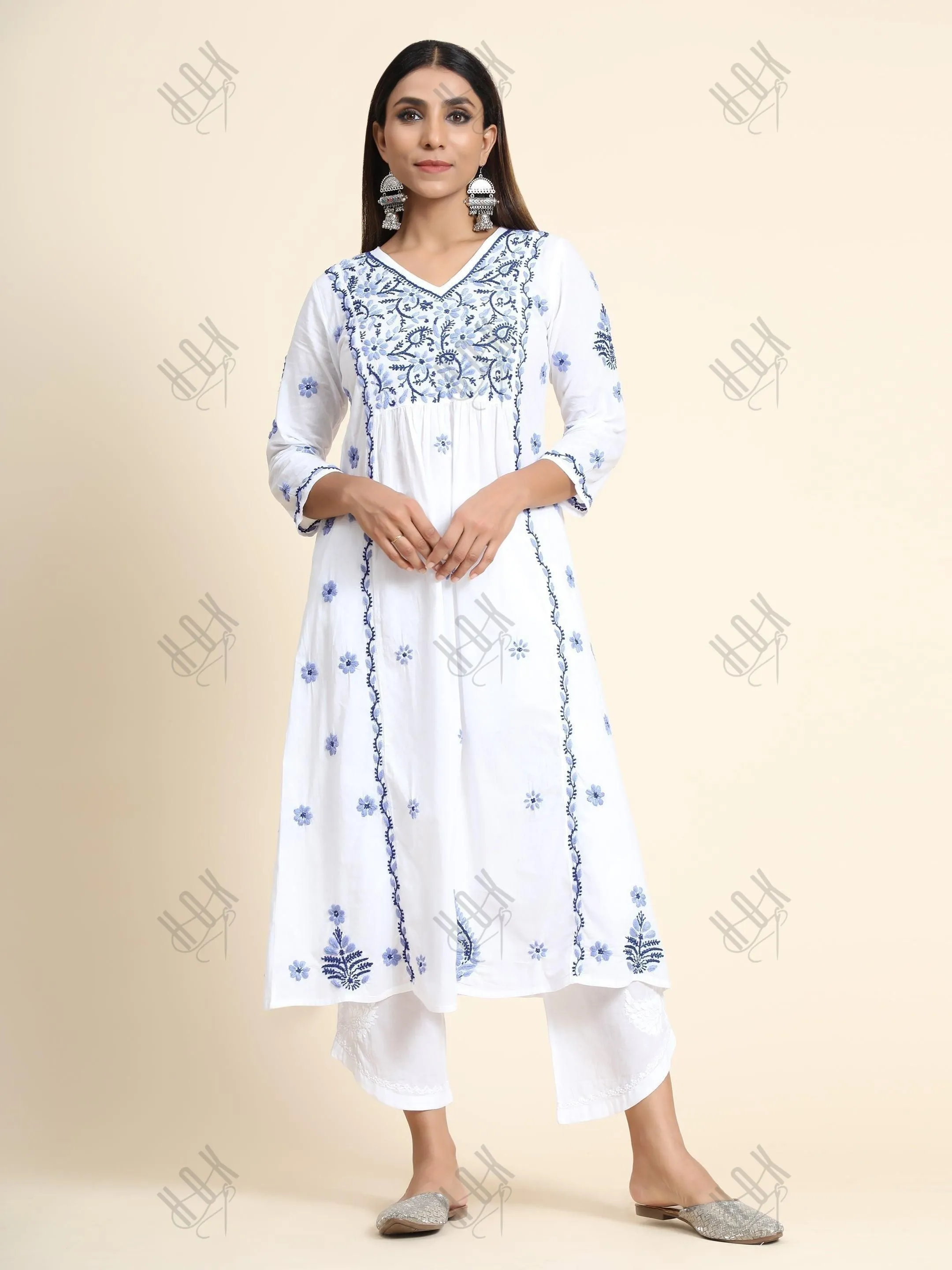 Hand embroidery Chikankari V neck Anarkali Dress | Long Kurti in Cotton For Women