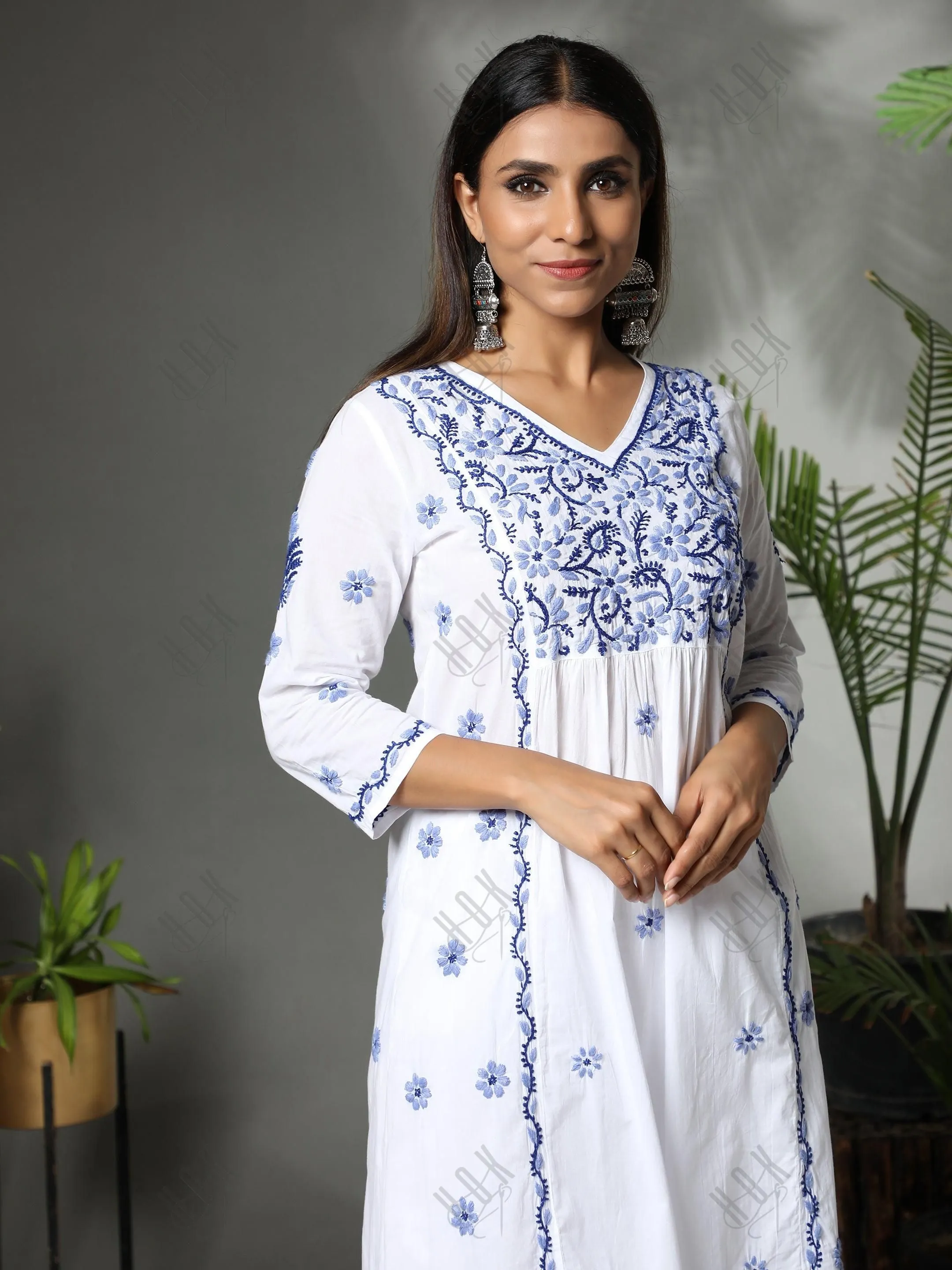 Hand embroidery Chikankari V neck Anarkali Dress | Long Kurti in Cotton For Women