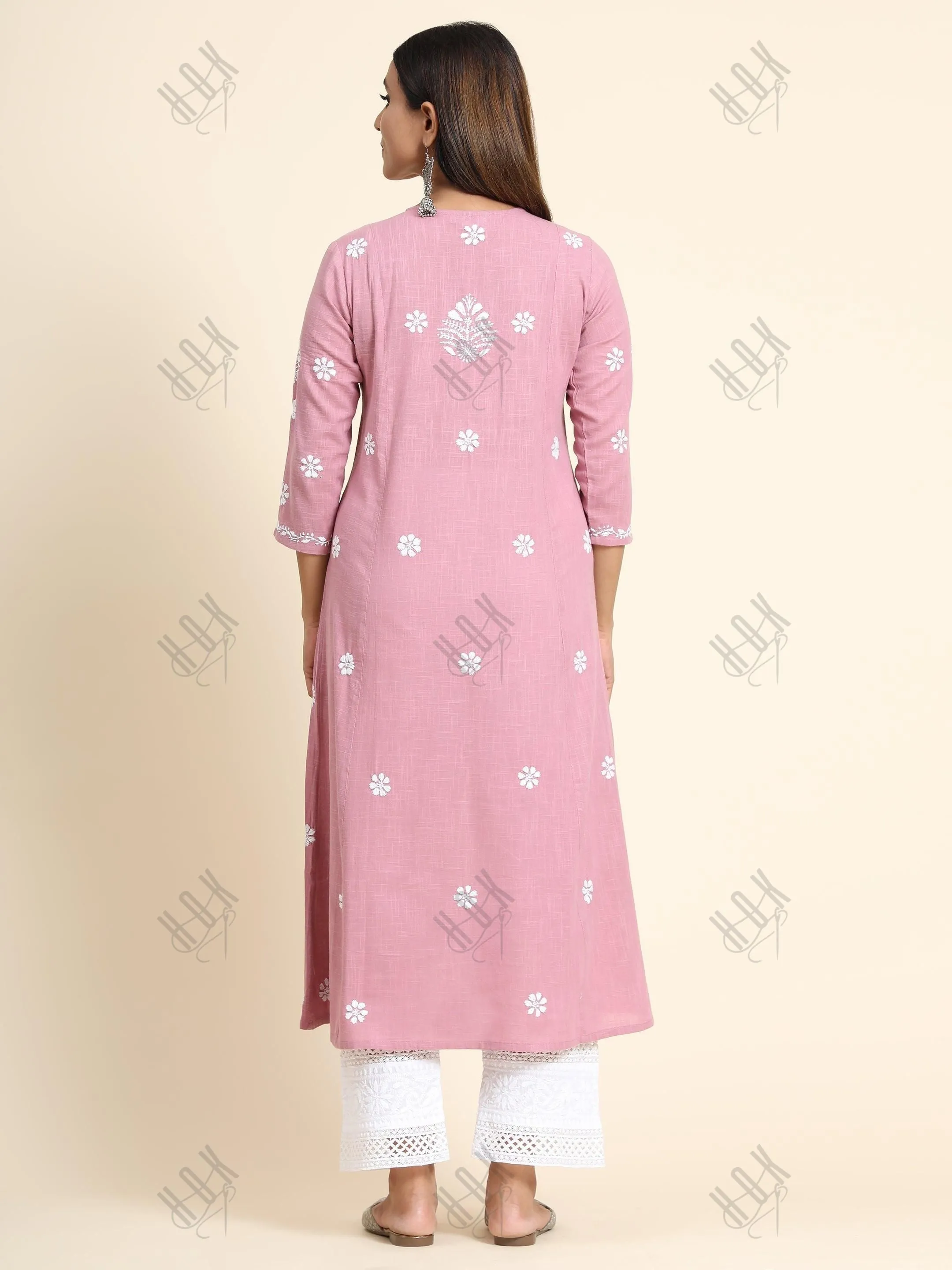 Hand embroidery Chikankari V neck Anarkali Dress | Long Kurti in Cotton For Women