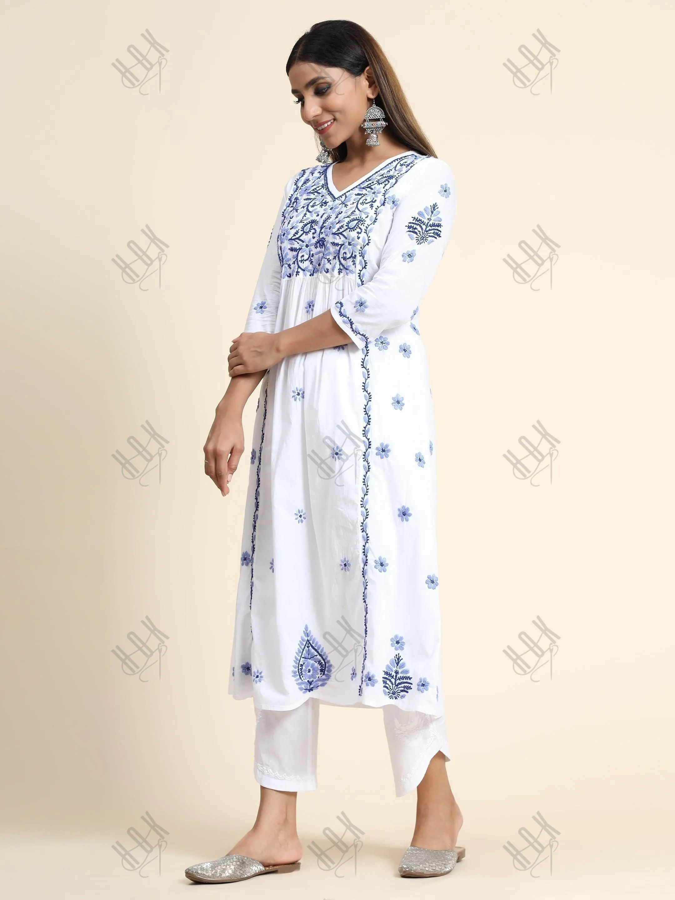 Hand embroidery Chikankari V neck Anarkali Dress | Long Kurti in Cotton For Women