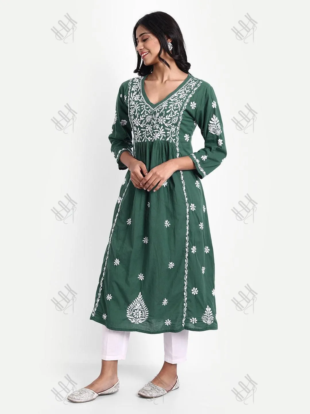 Hand embroidery Chikankari V Neck Anarkali Dress | Long Kurti in Cotton For Women