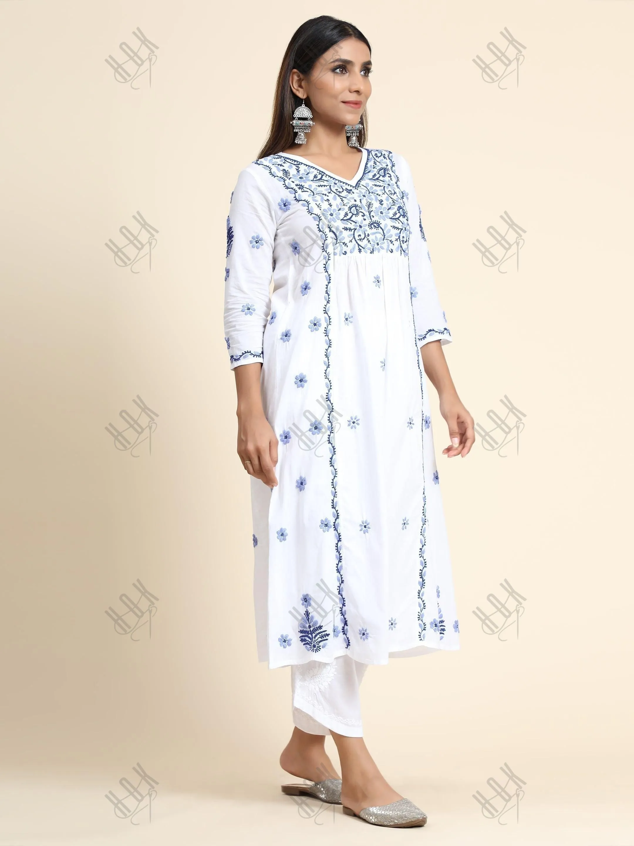 Hand embroidery Chikankari V neck Anarkali Dress | Long Kurti in Cotton For Women