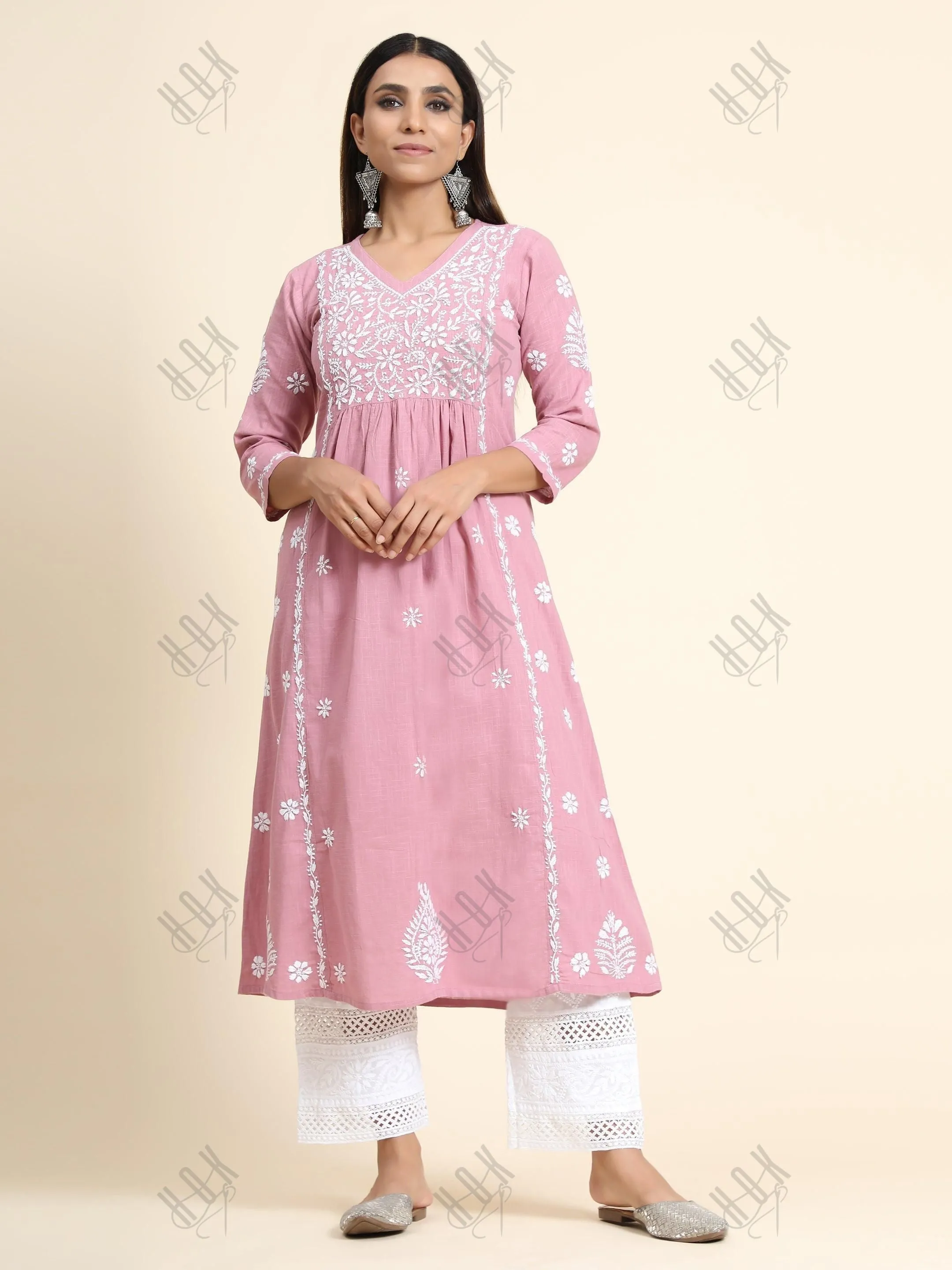 Hand embroidery Chikankari V neck Anarkali Dress | Long Kurti in Cotton For Women